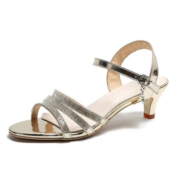 Retro Style Round Head Buckle Closure Sequin High Heel Sandals - Gold |image