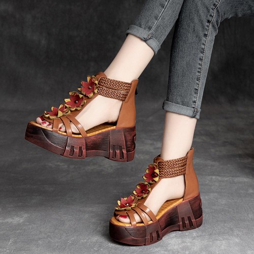 Back Zipper Peep Toe Flowers Decor Strappy Wedge Sandals - Brown |image