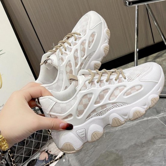 Breathable Thick Soled Lace Up Sporty Women Sneakers - Brown |image
