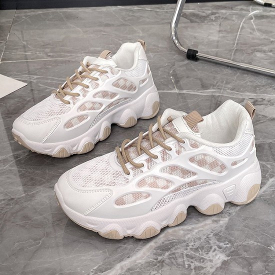 Breathable Thick Soled Lace Up Sporty Women Sneakers - Brown |image