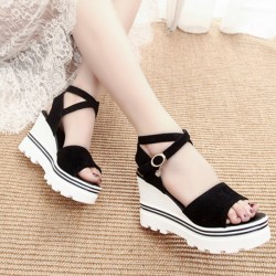 Thick Bottom Buckle Closure Open Round Toe Strappy Women Wedge Sandals - Black