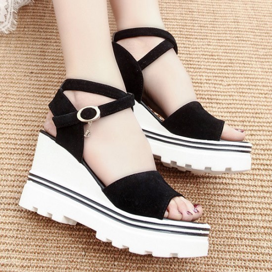 Showing image for Thick Bottom Buckle Closure Open Round Toe Strappy Women Wedge Sandals - Black Thick Bottom Buckle Closure Open Round Toe Strappy Women Wedge Sandals - Black |image