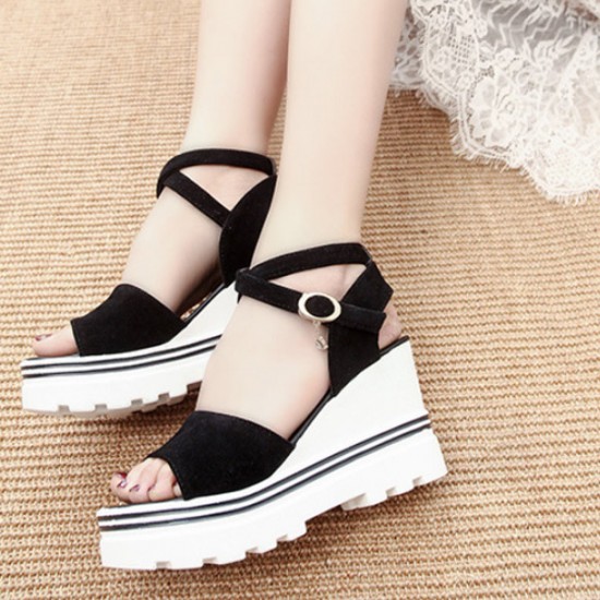 Showing image for Thick Bottom Buckle Closure Open Round Toe Strappy Women Wedge Sandals - Black Thick Bottom Buckle Closure Open Round Toe Strappy Women Wedge Sandals - Black |image