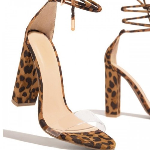 Gladiator Transparent Leopard Ankle Strap Thin High Heels Women Sandals - Leopard |image