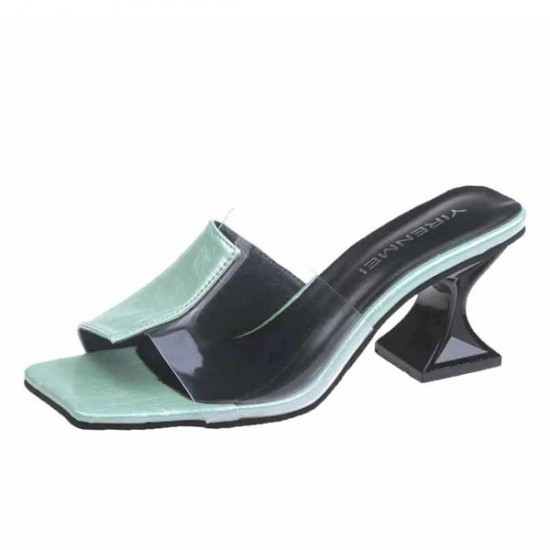 Square Toe Flip Flop Solid Color Transparent Women Mid Heels Slippers - Green |image