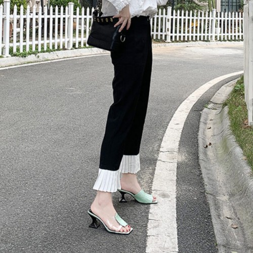 Square Toe Flip Flop Solid Color Transparent Women Mid Heels Slippers - Green |image