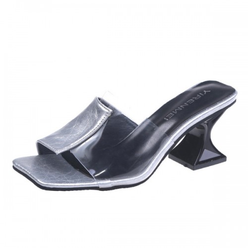 Square Toe Flip Flop Solid Color Transparent Women Mid Heels Slippers - Grey |image