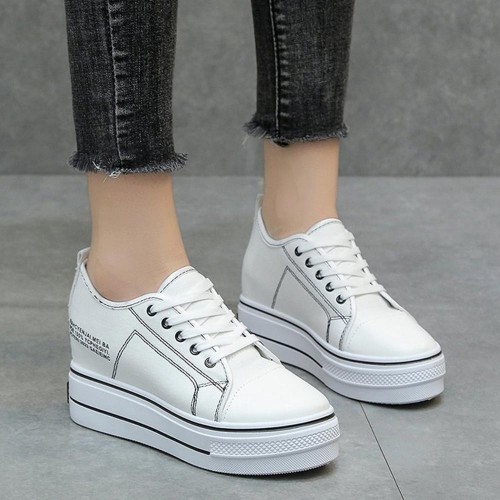 Ankle Thick Soled Lace Up Round Head Sneakers - White |image