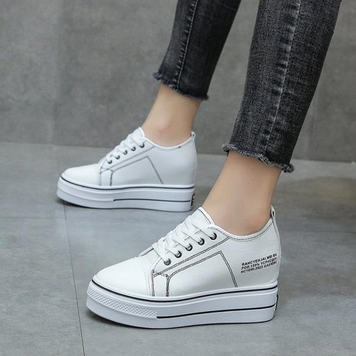 Ankle Thick Soled Lace Up Round Head Sneakers - White |image