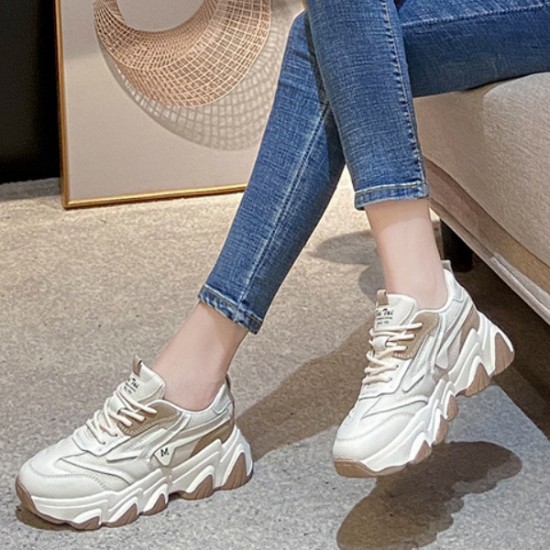 Comfort Color Block Front Chunky Lace up Sneakers - Beige |image