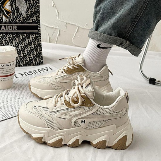 Comfort Color Block Front Chunky Lace up Sneakers - Beige |image