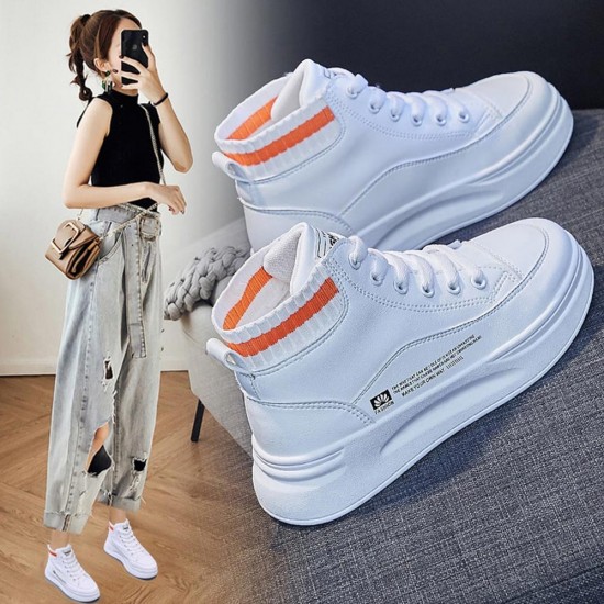 Platform Breathable Shallow Mouth Lace Up Ankle Sneakers - White |image