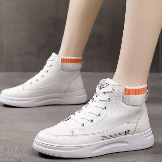 Platform Breathable Shallow Mouth Lace Up Ankle Sneakers - White |image