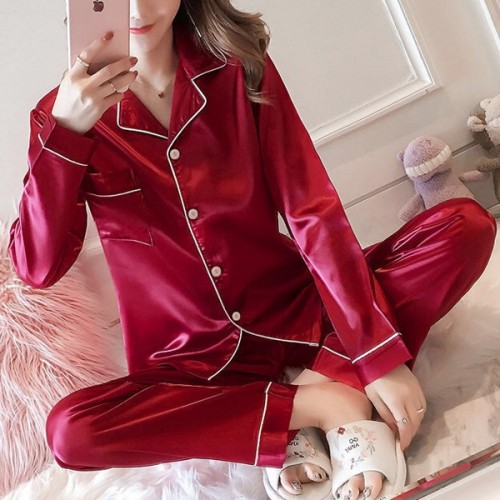 Plain Silk Pajama Long Sleeve Cardigan Lapel Collar Nightwear - Red |image