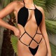 Solid Color Strap Backless Swimwear Beach Bikini Bodysuit - Black |image