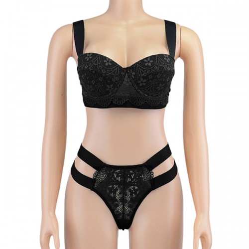 Two Pieces Bralette Floral Sleepwear Lace Bra and Panty Set - Black |image