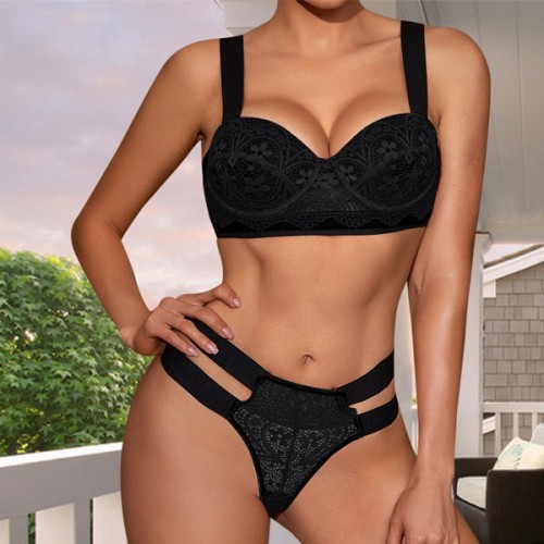 Two Pieces Bralette Floral Sleepwear Lace Bra and Panty Set - Black |image