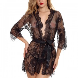 Embroidered Robe Baby Doll Lingerie Mesh Nightwear - Black