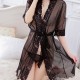 Transparent Mesh Lace Kimono Cardigan Bathrobe Nightwear - Black |image