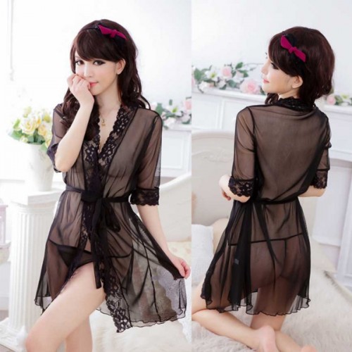 Transparent Mesh Lace Kimono Cardigan Bathrobe Nightwear - Black |image