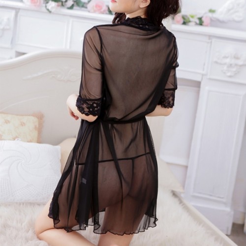 Transparent Mesh Lace Kimono Cardigan Bathrobe Nightwear - Black |image