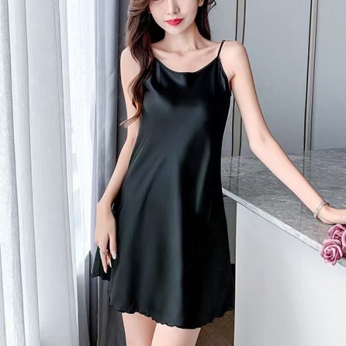 Elegant Thin Strap Silk Solid Color Women Night Dress - Black |image