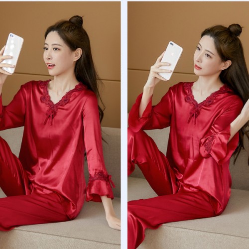 Luxury Silk Stain Pajamas Lace V Neck Women Sleepwear - Red |image