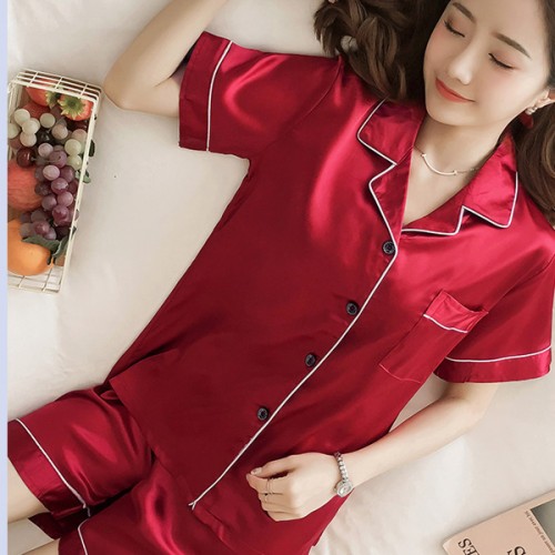 Sweet Two Piece Short Sleeve Button Closure Nightwear - Red |image