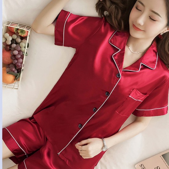Show Image for Sweet Two Piece Short Sleeve Button Closure Nightwear - Red Sweet Two Piece Short Sleeve Button Closure Nightwear - Red |image