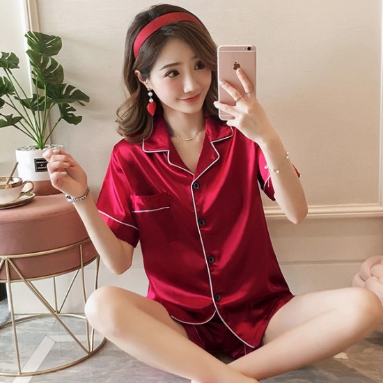 Show Image for Sweet Two Piece Short Sleeve Button Closure Nightwear - Red Sweet Two Piece Short Sleeve Button Closure Nightwear - Red |image