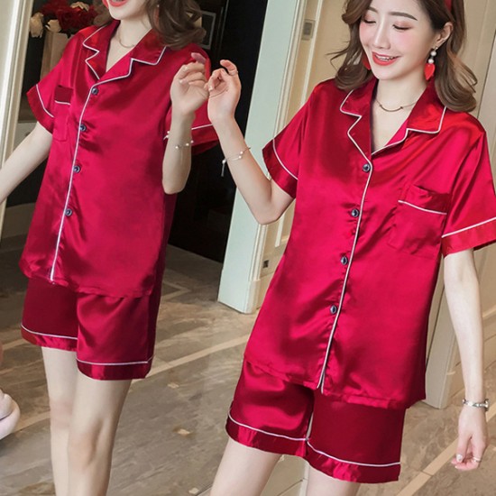Show Image for Sweet Two Piece Short Sleeve Button Closure Nightwear - Red Sweet Two Piece Short Sleeve Button Closure Nightwear - Red |image