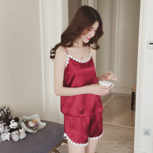 Leisure Lace Floral Silk Women Pajama Set Nightwear - Red |image