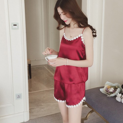 Leisure Lace Floral Silk Women Pajama Set Nightwear - Red |image