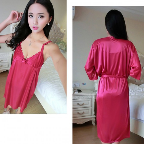 Mid Skirt Nightgown V Neck Lace Sling Women Nightdress - Red |image