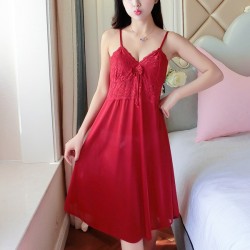 Plunge Neck Lace Detail Sleeveless Skirt Women Nightdress - Red