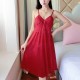 Plunge Neck Lace Detail Sleeveless Skirt Women Nightdress - Red