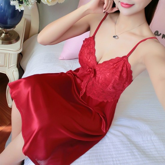 Show Image for Plunge Neck Lace Detail Sleeveless Skirt Women Nightdress - Red Plunge Neck Lace Detail Sleeveless Skirt Women Nightdress - Red |image