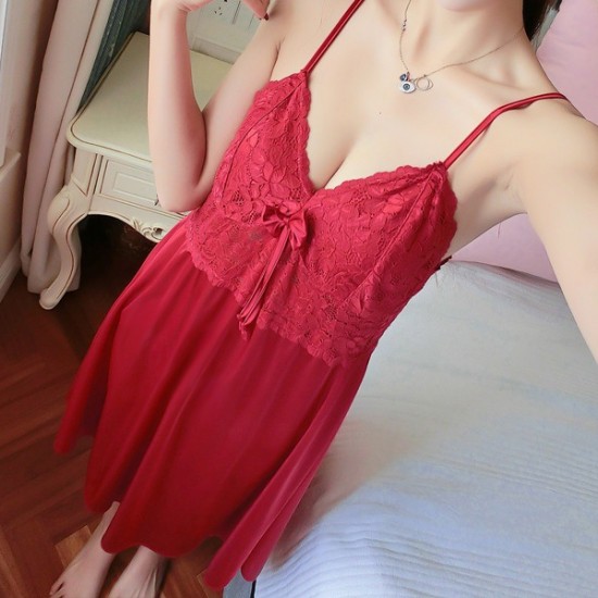 Show Image for Plunge Neck Lace Detail Sleeveless Skirt Women Nightdress - Red Plunge Neck Lace Detail Sleeveless Skirt Women Nightdress - Red |image