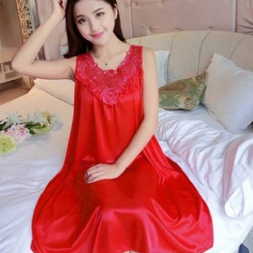Luxury Shiny Silky Lace Round Neck Swing Skirt Nightwear - Red |image