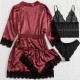 4pcs Pajamas Set Lingerie Silk Satin Floral Lace Sleepwear - Red |image