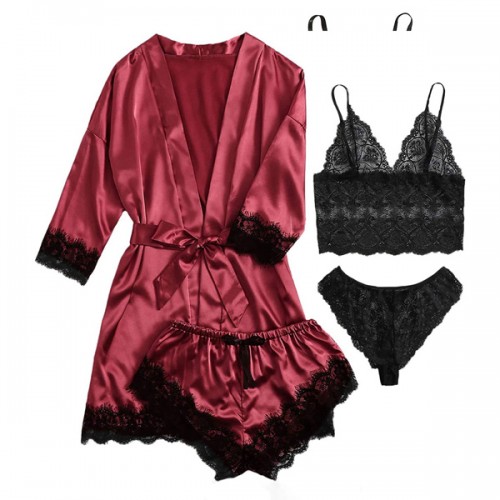 4pcs Pajamas Set Lingerie Silk Satin Floral Lace Sleepwear - Red |image