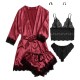 4pcs Pajamas Set Lingerie Silk Satin Floral Lace Sleepwear - Red |image