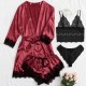 4pcs Pajamas Set Lingerie Silk Satin Floral Lace Sleepwear - Red |image