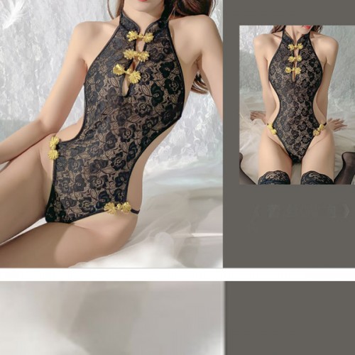 Retro Cheongsam Lace Hanging Neck Split Hollow Bodysuit - Black |image