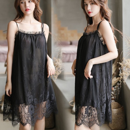 Women Lace Suspender Camisole Lingerie Nightwear Gown - Black |image