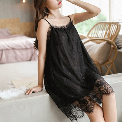 Women Lace Suspender Camisole Lingerie Nightwear Gown - Black |image