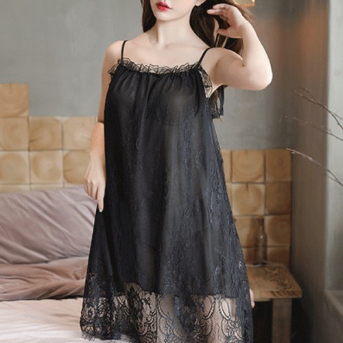 Women Lace Suspender Camisole Lingerie Nightwear Gown - Black |image