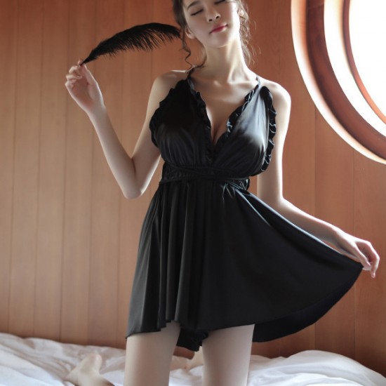 V Neck Sleeveless Spaghetti Straps Lace Trim Nightgown - Black |image