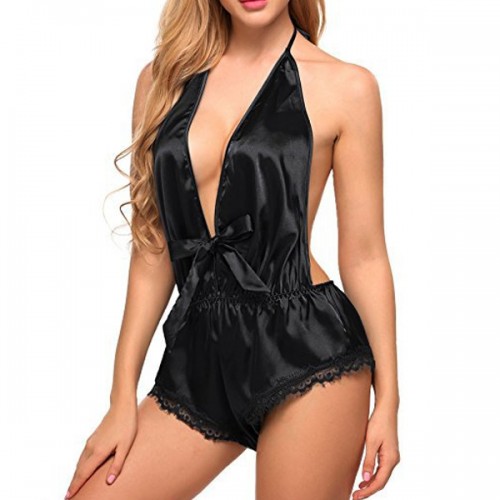 Baby Doll One Piece Halter Jumpsuit Short Nightwear Bodysuit - Black |image