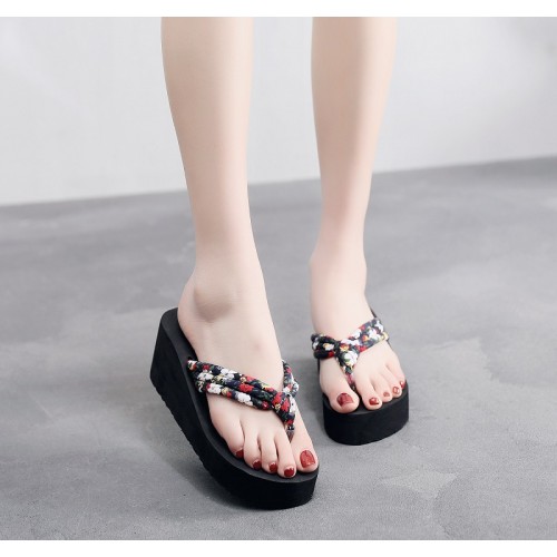 Bohemian Style Flip Flops Floral Wedge Women Slippers - Black |image